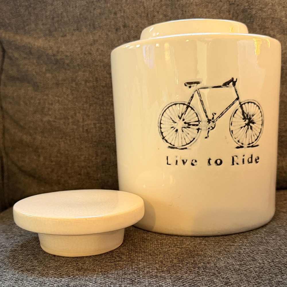White Ceramic Jar with Bicycle Design